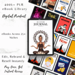 400,000+ PLR ebook PDF mega bundle displayed with folders for multiple niches including marketing, business, health, crafts, self-improvement, and more.