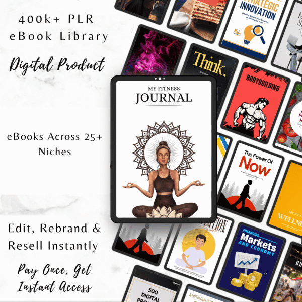 400,000+ PLR ebook PDF mega bundle displayed with folders for multiple niches including marketing, business, health, crafts, self-improvement, and more.